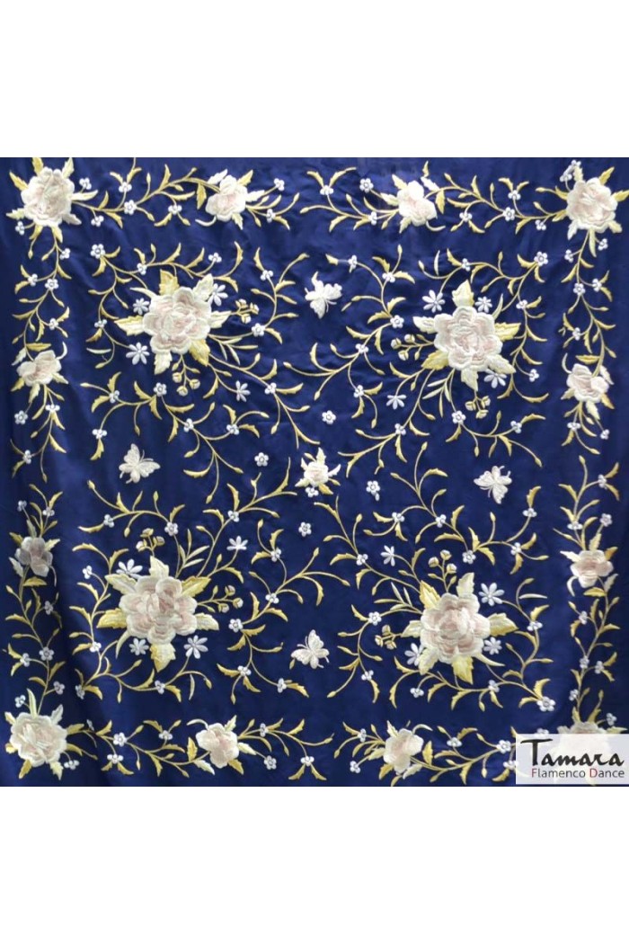 Manton Manila Bordado Cuadrado modelo Manton de Manila Primaveral Fleco beige - Bordado Tonos tierra y oro Celeste