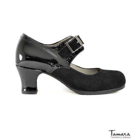 Chaussures professionnelles de flamenco Tamara modèle Chaussures de flamenco Galera - Noir - Daim et cuir verni - Même matériau et couleur - Carrete 6cm - Largeur Spécial Noir