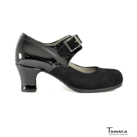 Tamara Flamenco shoes - Professionals model Flamenco shoes Galera - Black - Suede and patent leather - Standard: same material & color - Carrete 6cm - Wide Black