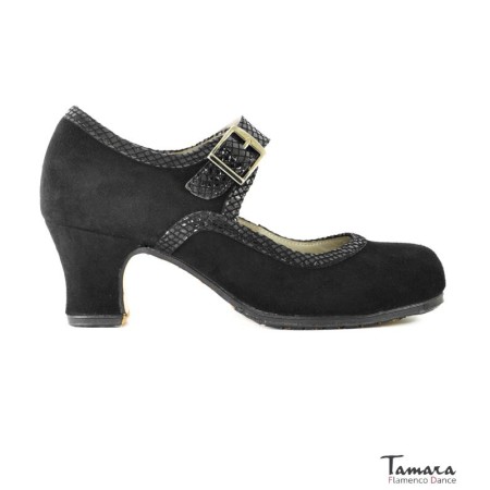 Tamara Flamenco shoes - Professionals model Flamenco shoes Triana - Black - Suede & Snake leather - Standard: same material & color - Carrete 6cm - Wide Black