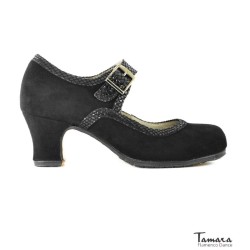Zapatos de flamenco Profesionales Tamara modelo Zapatos de flamenco Triana - Negro - Ante y Serpiente - Mismo material y color - Carrete 6cm - Ancho especial Negro