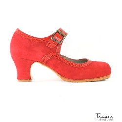 Zapatos de flamenco Profesionales Tamara modelo Zapatos de flamenco Triana - Rojo - Ante y Serpiente - Mismo material y color - Carrete 6cm - Ancho especial Rojo