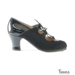 Chaussures professionnelles de flamenco modèle Chaussures de flamenco Floreo - Noir - Cuir vernis avec détails en daim - Même matériau et couleur - Carrete 6cm - Normal Noir