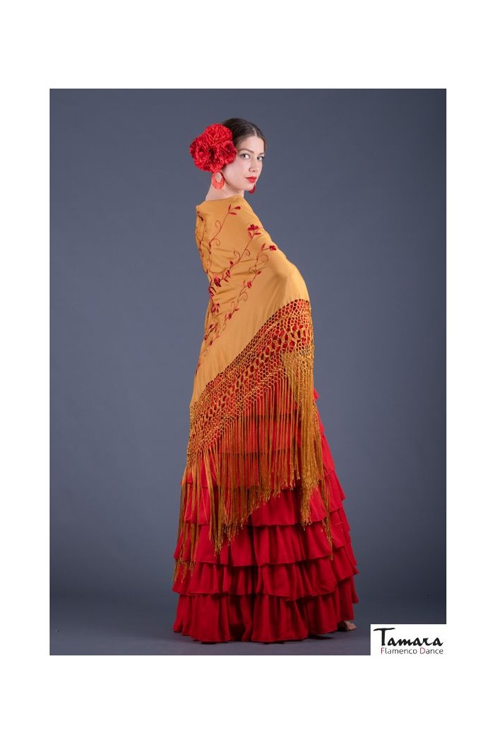 Châle Manille brodé triangulaire - EN STOCK modèle Châle Roma - Brodé Rouge eau de mer 