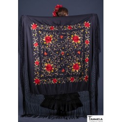 Châle Manille brodé Carré modèle Châle Printemps Manille - Brodé Rouge et Or Noir
