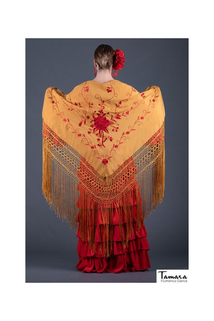 Châle Manille brodé triangulaire - EN STOCK modèle Châle Roma - Brodé Rouge eau de mer 