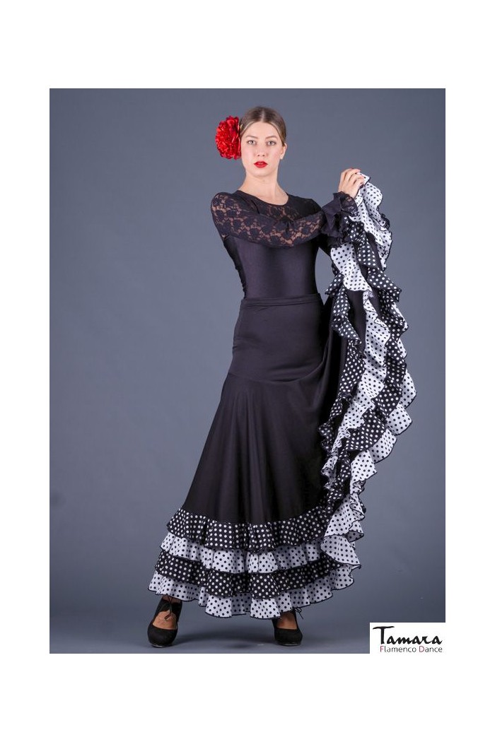 Jupes flamenco FEMME modèle Jupe flamenco Cordoba avec petits points - tricot et koshivo Noir avec points Blancs et Noirs