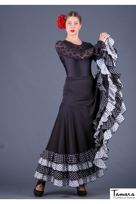 Jupes flamenco FEMME modèle Jupe flamenco Cordoba avec petits points - tricot et koshivo Noir avec points Blancs et Noirs