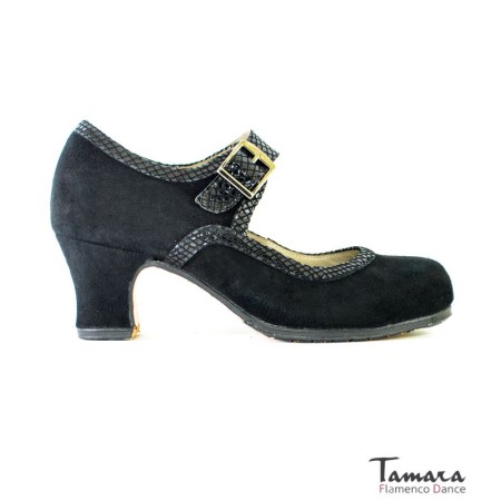 Zapatos de flamenco Profesionales Tamara modelo Zapatos de flamenco Saeta - Negro - Ante y Serpiente - Mismo material y color - Carrete 6cm - Ancho especial Negro