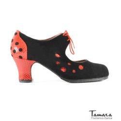 Zapatos de flamenco Profesionales modelo Zapatos de flamenco Lola - negro-rojo - Ante y Serpiente - Mismo material y color - Carrete 6cm - Ancho especial negro-rojo