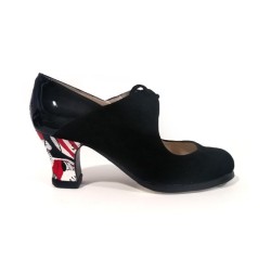 Chaussures professionnelles de flamenco modèle Chaussures de flamenco Arty - Noir - Daim et cuir verni - Peint à la main: Rouge feuilles - Carrete 6cm - Normal Noir