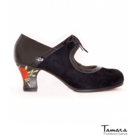 Zapatos de flamenco Profesionales Tamara modelo Zapatos de flamenco Rumba Tacon Decorado - Camel - Ante y charol - Impresión: Claveles rojos - Carrete 6cm - Ancho especial Camel