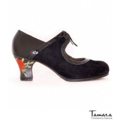 Zapatos de flamenco Profesionales Tamara modelo Zapatos de flamenco Rumba Tacon Decorado - Camel - Ante y charol - Impresión: Claveles rojos - Carrete 6cm - Ancho especial Camel