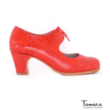 Tamara Flamenco shoes - Professionals model Flamenco shoes Cabales - Red - Leather and Crocodile - Standard: same material & color - Carrete 6cm - Wide Red