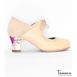 Zapatos de flamenco Profesionales Tamara modelo Zapatos de flamenco Rumba Tacon Decorado - Camel - Piel y ante - Impresión: Claveles fuxia - Carrete 6cm - Ancho especial Camel