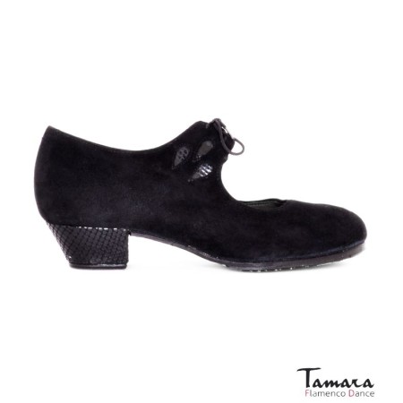 Chaussures professionnelles de flamenco Tamara modèle Chaussures de flamenco Fandango - Noir - Daim avec détails en peau de serpent - Même matériau et couleur - Cubano 3 cm - Triple largeur Noir