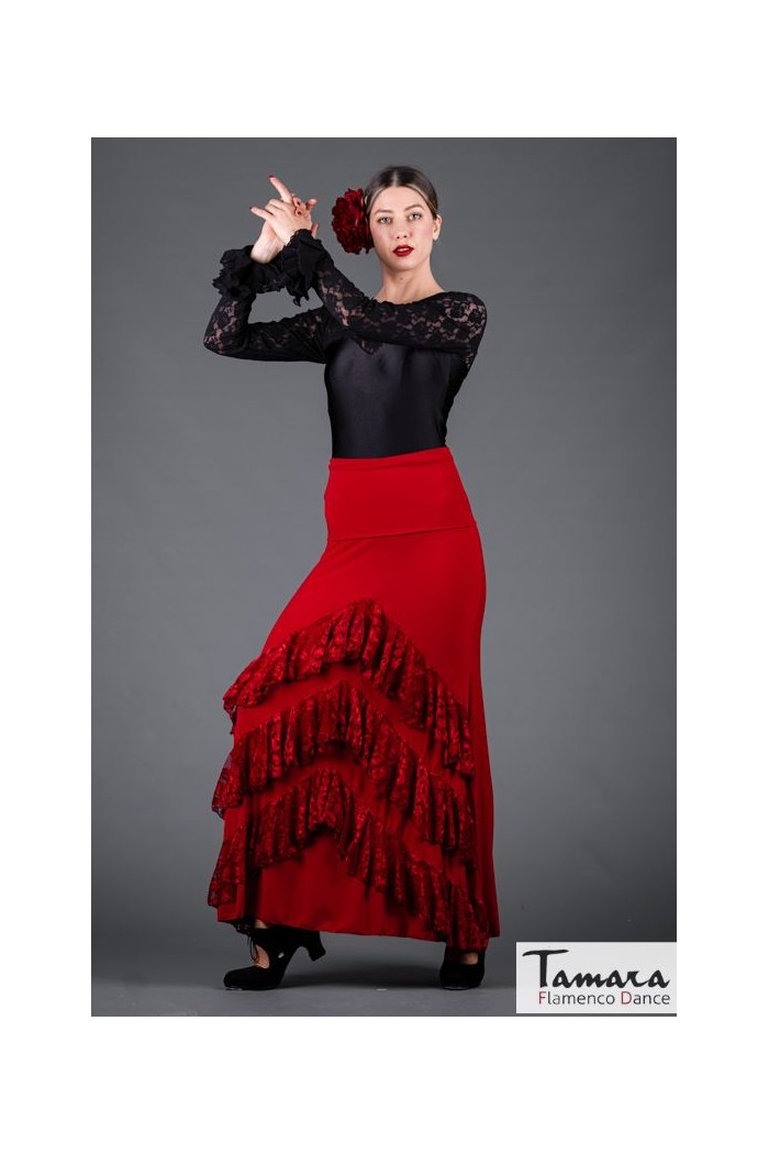 Jupes flamenco FEMME modèle Jupe flamenco Flamenco jupe Saray - Point élastique et dentelle Rouge