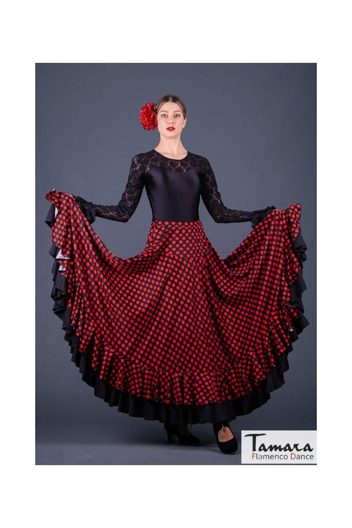 Jupes flamenco FEMME modèle Jupe flamenco Alborea petits points - Tricot Noir avec points rouges