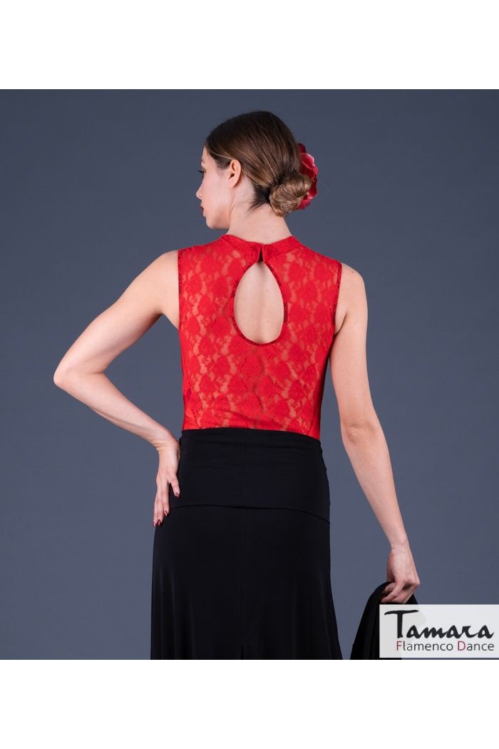 Maillot, body et haut de flamenco FEMME modèle Body Catia - Lycra et dentelle Noir et Rouge