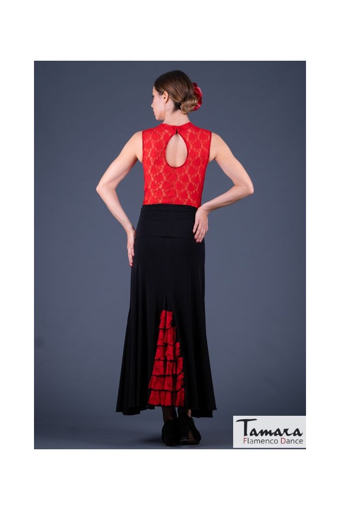 Faldas flamencas MUJER modelo Falda flamenco Almería - Viscosa con volante de encaje Negro-Rojo