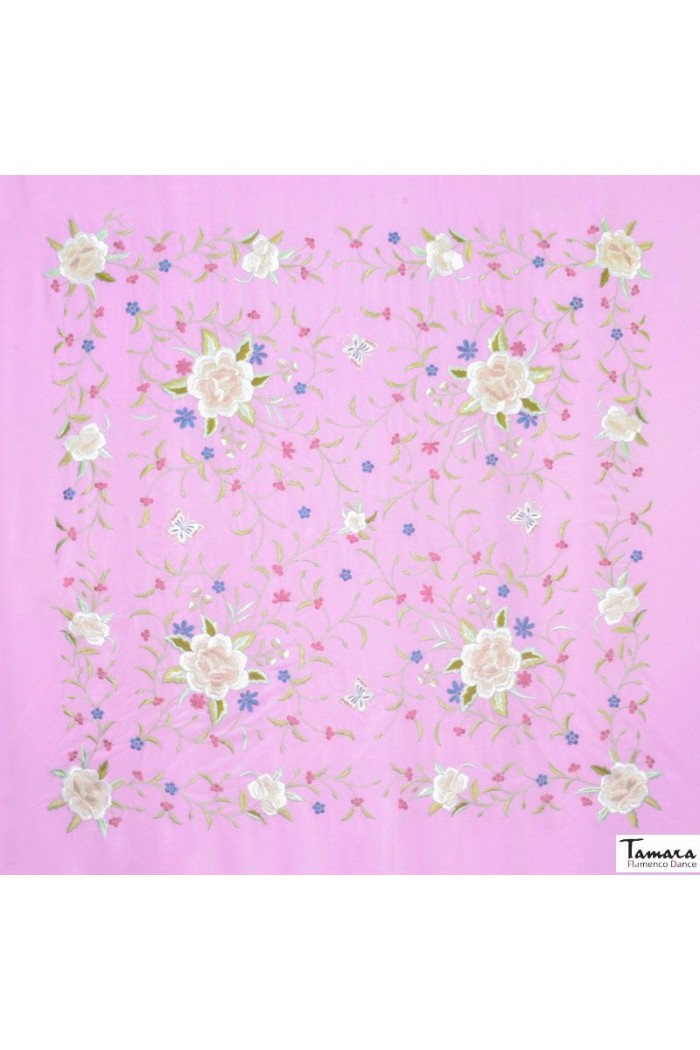Châle Manille brodé Carré modèle Châle Manille Franges Beiges - Brodé Tons terreux Rose