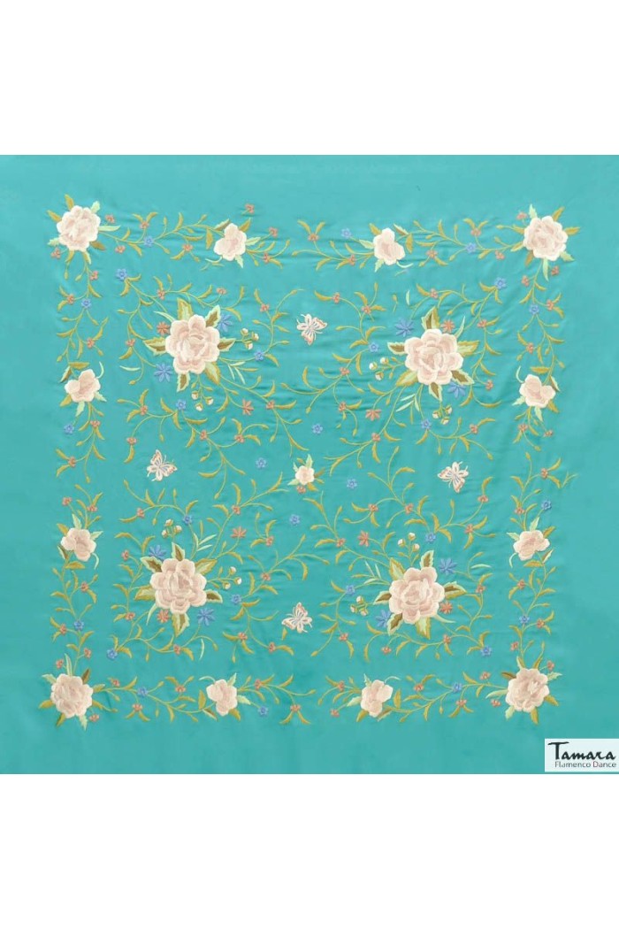  Square Embroidered Manila Shawl model Manila Shawl Beige fringes - Earth Tones Embroidered Light Blue