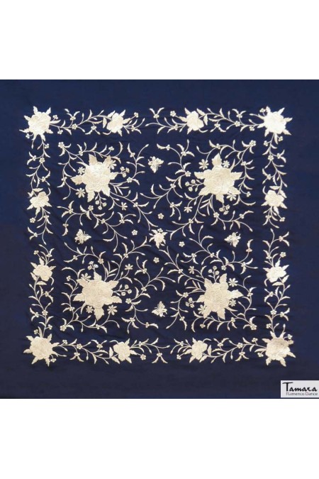  Square Embroidered Manila Shawl model Manila Spring Shawl - Beig Embroidered Dark Blue