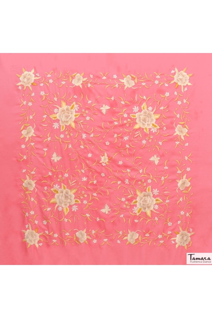  Square Embroidered Manila Shawl model Manila Shawl Beige fringes - Earth and gold Tones Embroidered Light Blue