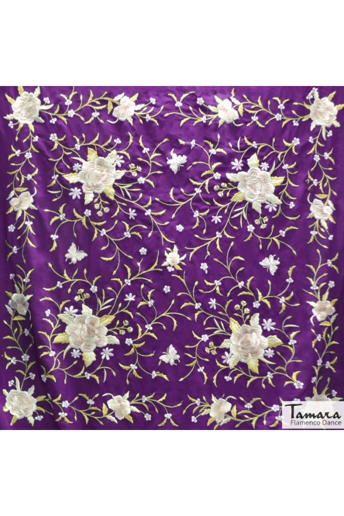  Square Embroidered Manila Shawl model Manila Shawl Beige fringes - Earth and gold Tones Embroidered Purple