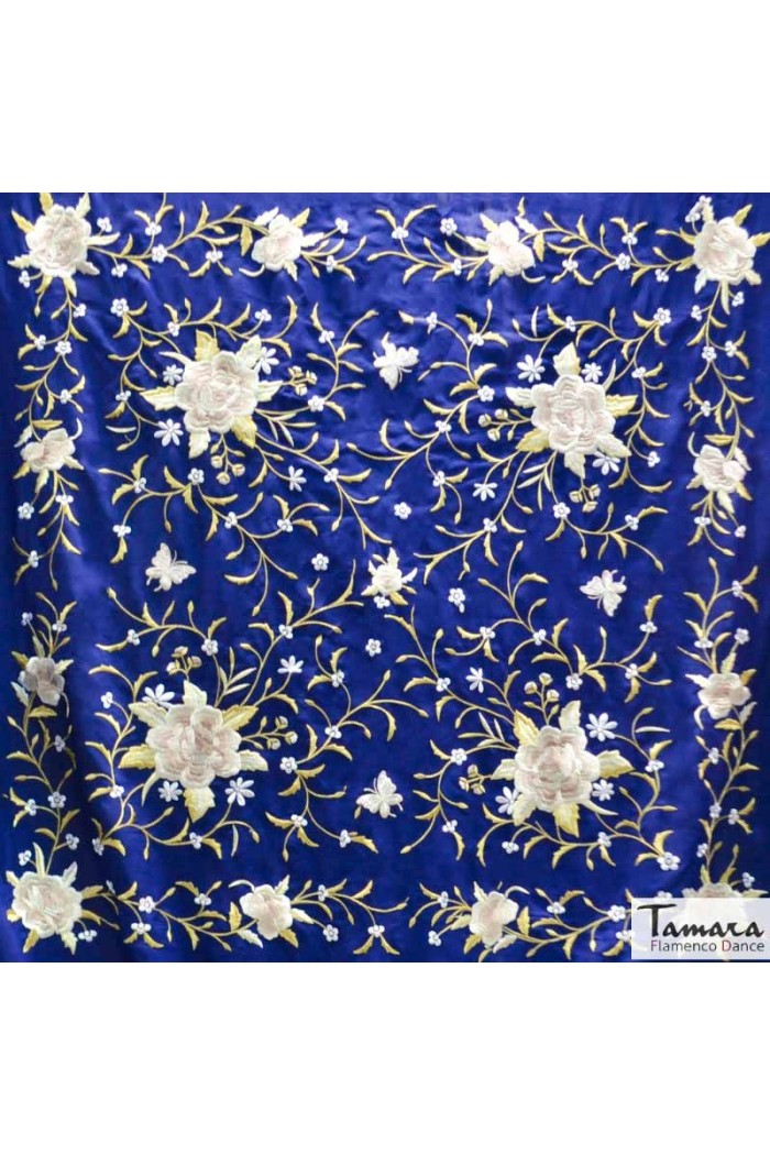 Châle Manille brodé Carré modèle Châle Manille Franges Beiges - Brodé Tons terreux et or Bleu clair