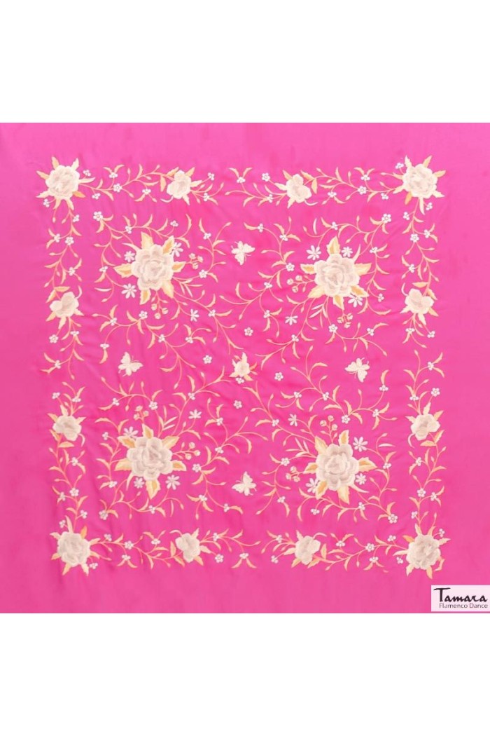  Square Embroidered Manila Shawl model Manila Shawl Beige fringes - Earth and gold Tones Embroidered Fuxia