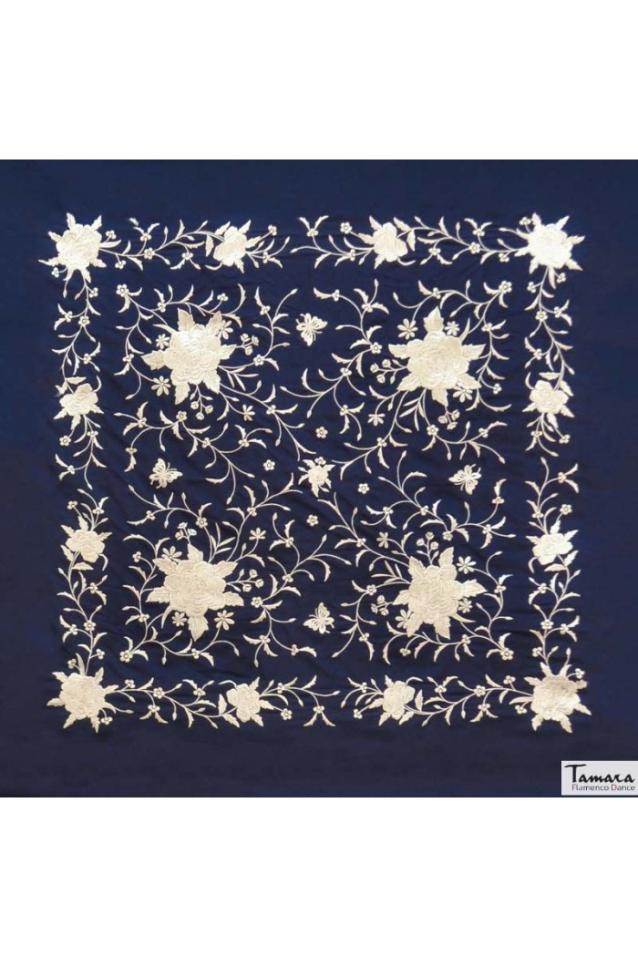  Square Embroidered Manila Shawl model Manila Shawl Ivory fringes - Ivory Embroidered Dark Blue
