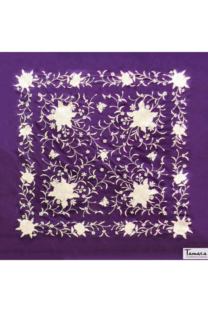  Square Embroidered Manila Shawl model Manila Shawl Ivory fringes - Ivory Embroidered Purple