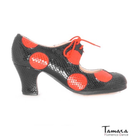 Zapatos de flamenco Profesionales modelo Zapatos de flamenco Cordonera Lunares - negro-rojo - Piel serpiente - Mismo material y color - Carrete 6cm - Normal negro-rojo
