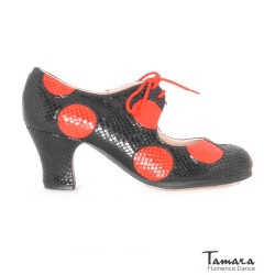 Zapatos de flamenco Profesionales modelo Zapatos de flamenco Cordonera Lunares - negro-rojo - Piel serpiente - Mismo material y color - Carrete 6cm - Normal negro-rojo