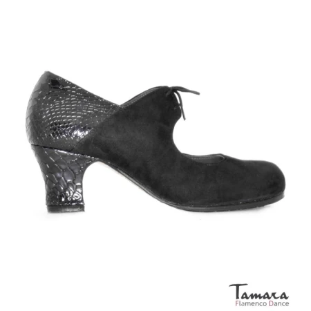 Tamara Flamenco shoes - Professionals model Flamenco shoes Cantaora - Black - Suede & Snake leather - Standard: same material & color - Carrete 6cm - Wide Black