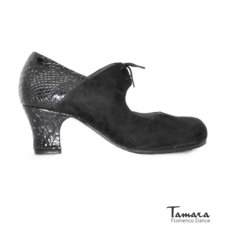 Zapatos de flamenco Profesionales Tamara modelo Zapatos de flamenco Cantaora - Negro - Ante y Serpiente - Mismo material y color - Carrete 6cm - Ancho especial Negro