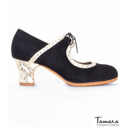 Zapatos de flamenco Profesionales Tamara modelo Zapatos de flamenco Rumba - Negro-Beige - Ante y Serpiente - Mismo material y color - Carrete 6cm - Ancho especial Negro-Beige