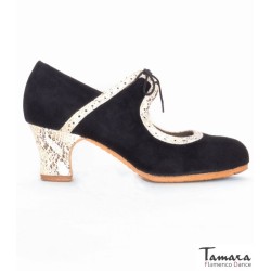 Zapatos de flamenco Profesionales Tamara modelo Zapatos de flamenco Rumba - Negro-Beige - Ante y Serpiente - Mismo material y color - Carrete 6cm - Ancho especial Negro-Beige