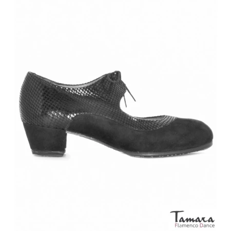 Tamara Flamenco shoes - Professionals model Flamenco shoes Cabales - Black - Suede & Snake leather - Standard: same material & color - Cubano 3 cm - Triple wide Black