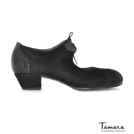 Chaussures professionnelles de flamenco Tamara modèle Chaussures de flamenco Solea - Noir - Daim avec détails en peau de serpent - Même matériau et couleur - Cubano 3 cm - Largeur Spécial Noir