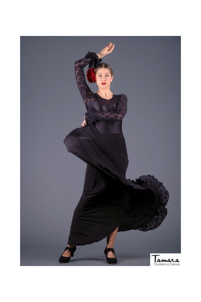 Flamenco skirts WOMAN model Flamenco skirt Almeria - Elastic knit with lace flounce Black