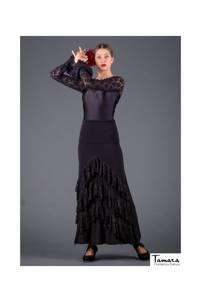 Faldas flamencas MUJER modelo Falda flamenco flamenco Saray - Punto elastico y encaje Negro