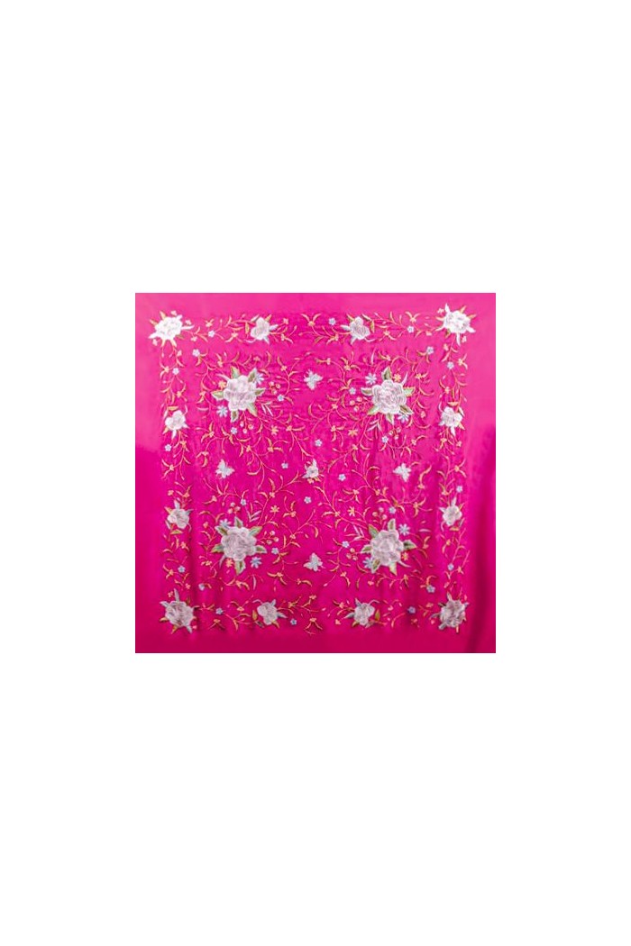 Châle Manille brodé Carré modèle Châle Manille Franges Beiges - Brodé Tons terreux Fushia