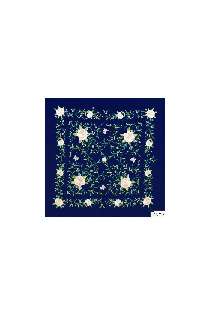 Châle Manille brodé Carré modèle Châle Manille Franges Beiges - Brodé Tons terreux Bleu marine