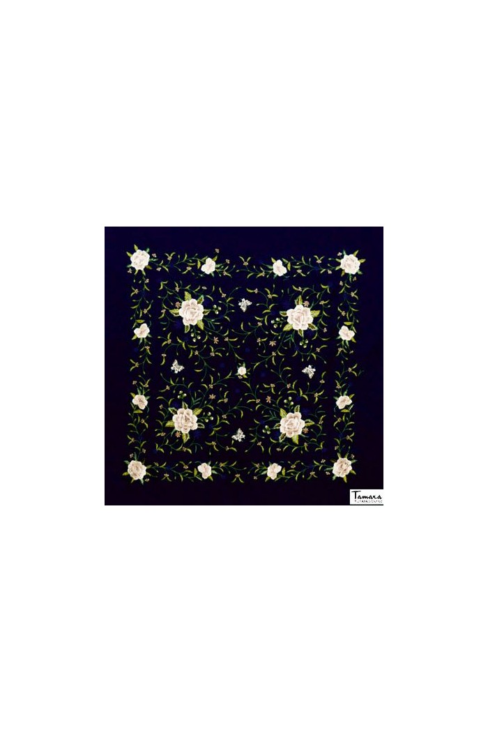  Square Embroidered Manila Shawl model Manila Shawl Beige fringes - Earth Tones Embroidered Black