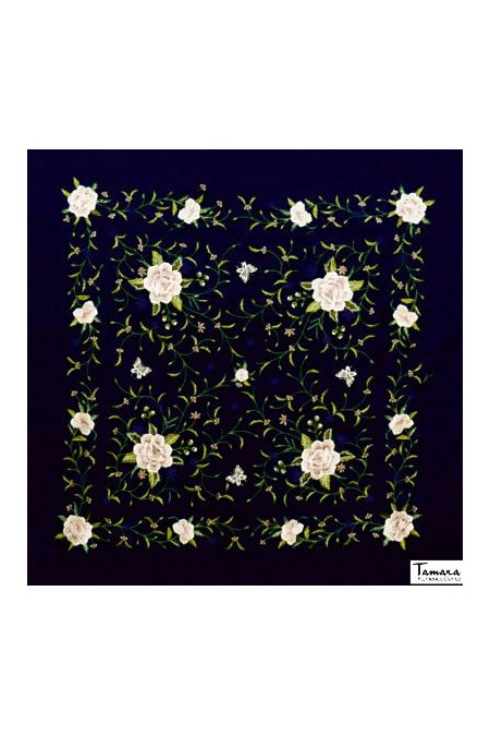  Square Embroidered Manila Shawl model Manila Shawl Beige fringes - Earth Tones Embroidered Black