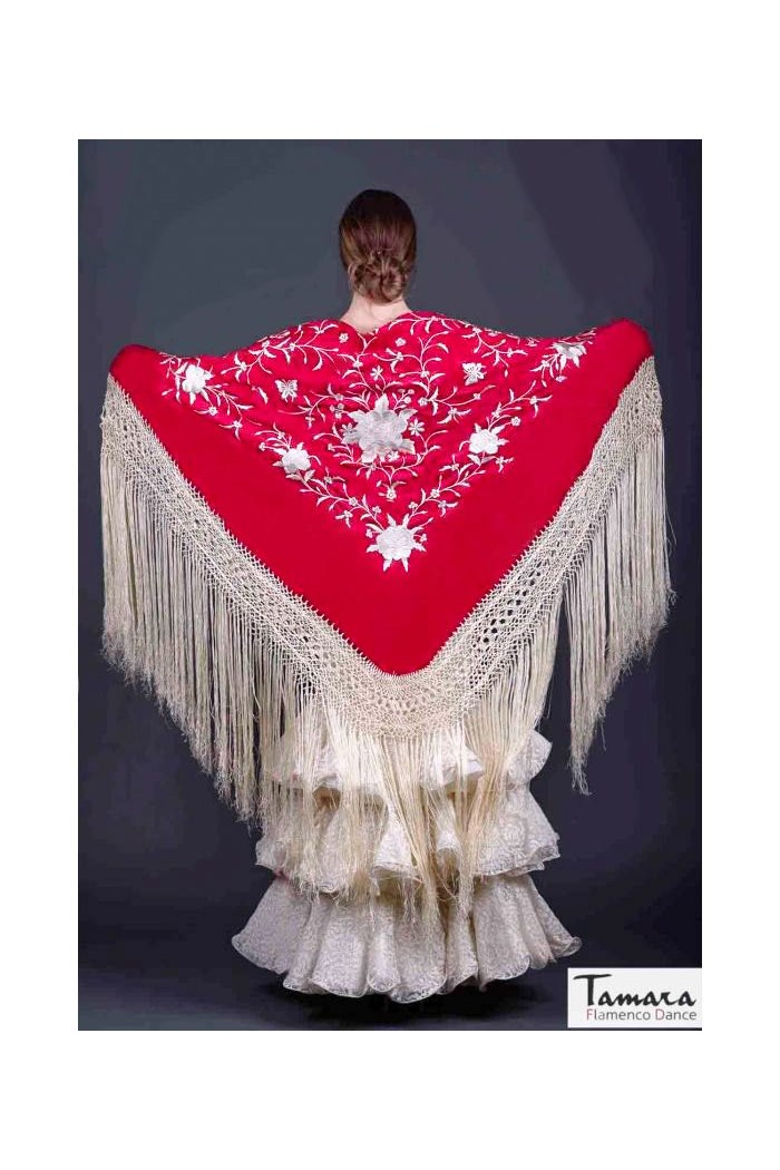  Square Embroidered Manila Shawl model Manila Shawl Ivory fringes - Ivory Embroidered Ivory