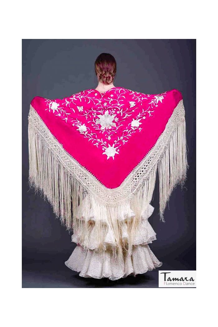  Square Embroidered Manila Shawl model Manila Shawl Ivory fringes - Ivory Embroidered Fuxia