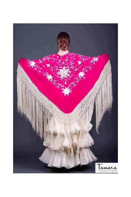  Square Embroidered Manila Shawl model Manila Shawl Ivory fringes - Ivory Embroidered Fuxia